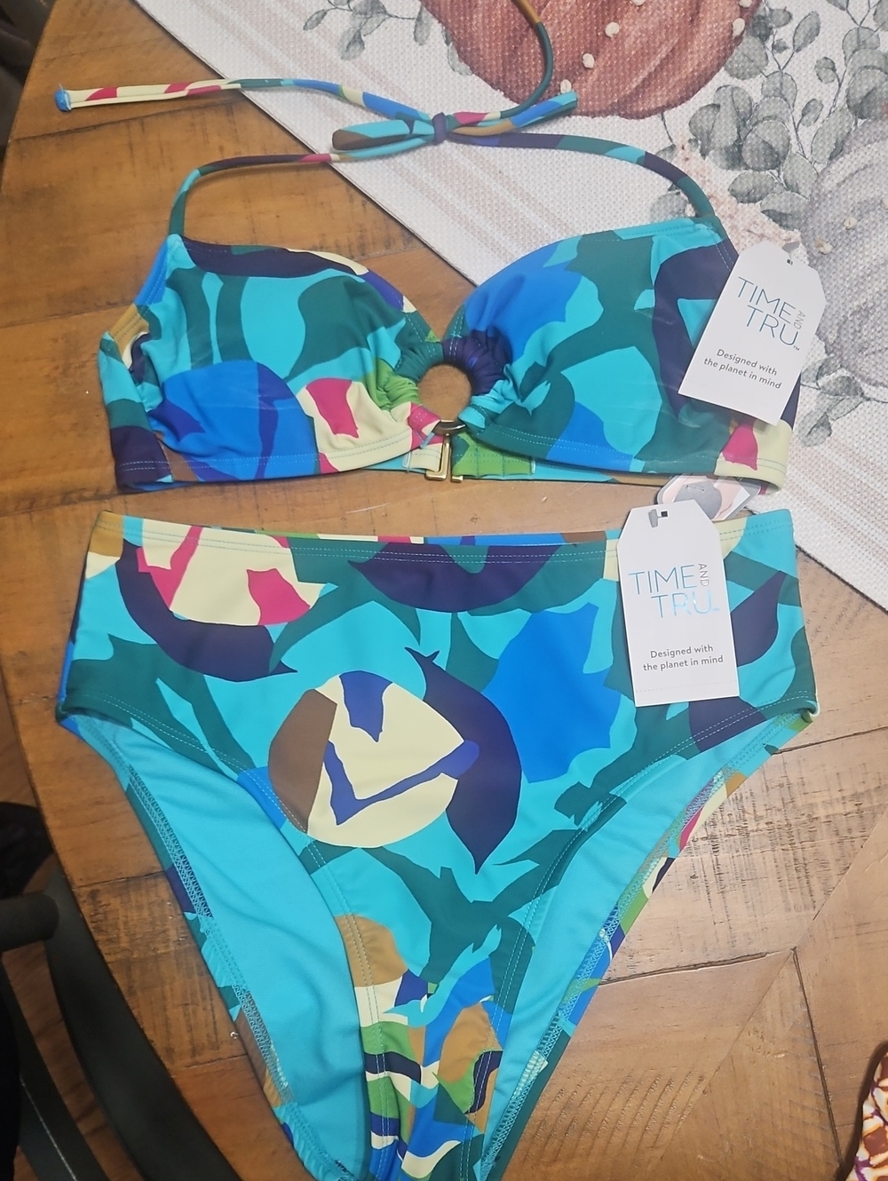Time and Tru Multicolor Ring-Front Bikini Set - Blue, Teal, Navy, Yellow, Pink